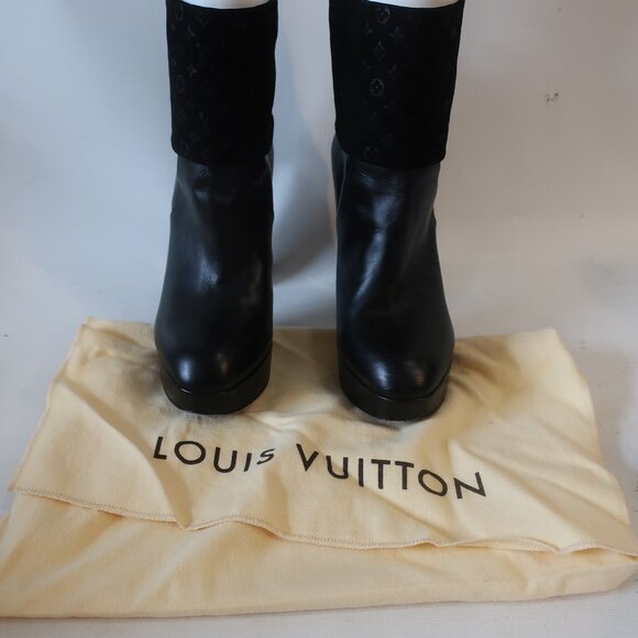 Authentic Louis Vuitton Blk Leather LV Logo Suede Art Deco Heel Boot 37.5 US/7.5 - Picture 2 of 16